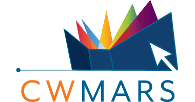 CW MARS logo featuring an open book with colorful pages and a blue arrow cursor, with the text "CW MARS" below in orange and blue letters.