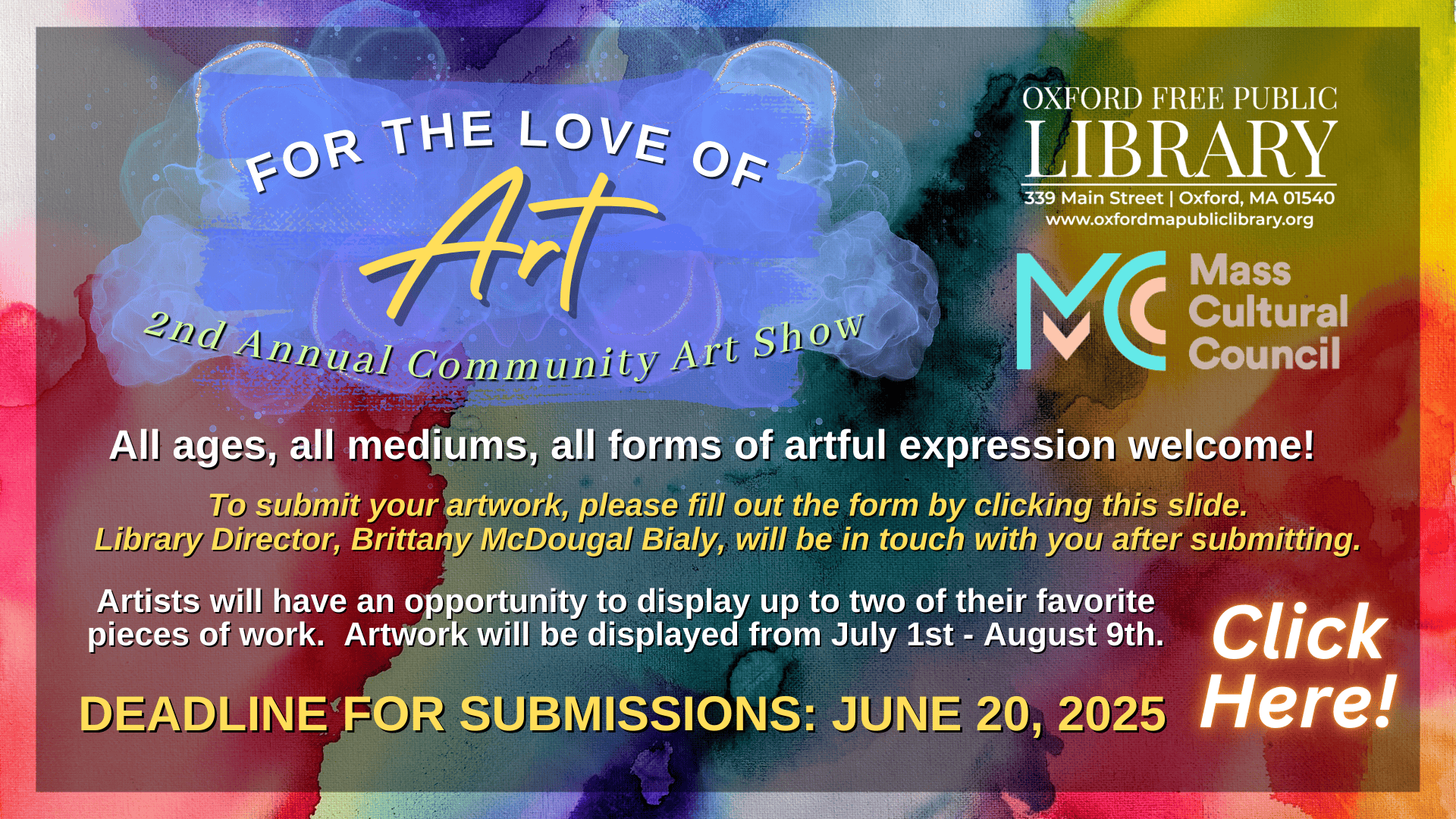 promotional flyer for oxford free public library’s 2nd annual community art show, seeking art submissions by june 20, 2025, for display from july 1 to august 9, 2025.