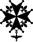 Huguenot Cross: Black silhouette of an ornate, symmetrical cross with pointed ends and decorative elements on each arm, set against a transparent background.