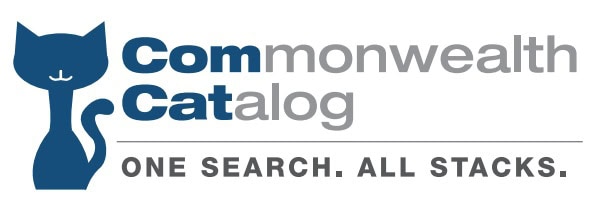 Logo for Commonwealth Catalog featuring a blue cat illustration to the left and the tagline “ONE SEARCH. ALL STACKS.” written below the organization’s name.