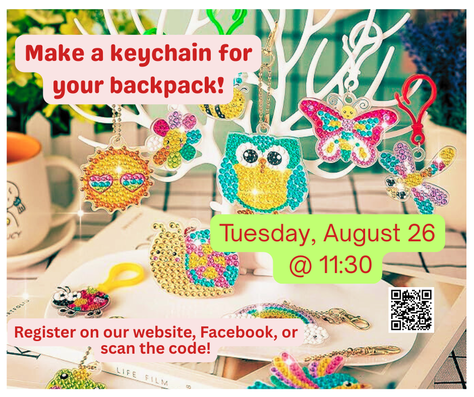 assorted colorful beaded keychains shaped like animals and objects displayed on a white tree stand with event details about making keychains.