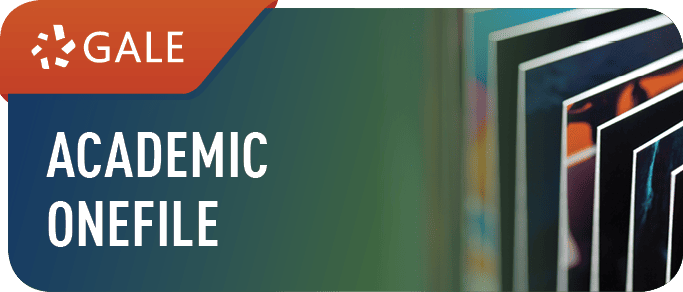 Gale Academic OneFile logo with close-up of stacked journals or magazines on the right side.