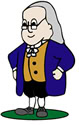 Cartoon illustration of Benjamin Franklin with glasses, long gray hair, a blue coat, yellow vest, white shirt, and black shoes standing on green ground.