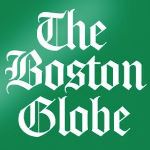 Logo for The Boston Globe newspaper with white Gothic-style text on a green background.