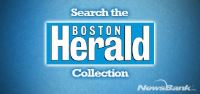A blue graphic reads "Search the Boston Herald Collection" with the NewsBank logo in the bottom right corner.