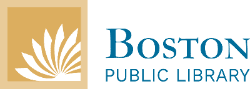 Logo of Boston Public Library, featuring a stylized open book in a gold square next to the text "Boston Public Library" in blue.