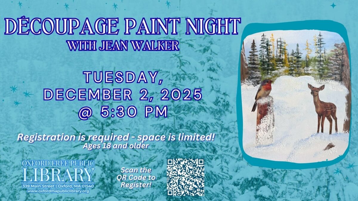 event flyer for "découpage paint night with jean walker" on december 2, 2025, at 5:30 pm, featuring a winter scene with a cardinal and a deer; registration required.