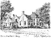 Black and white sketch of a large, historic-looking house with pitched roofs and chimneys, surrounded by trees.