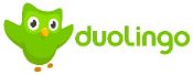 The green Duolingo owl mascot is pictured next to the word "duolingo" in lowercase green letters on a white background.
