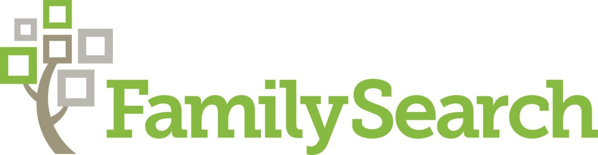 FamilySearch logo featuring a stylized tree with square leaves in green and gray, next to the text "FamilySearch" in green.