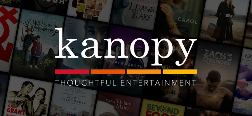 The Kanopy logo appears over a collage of movie posters with the tagline "Thoughtful Entertainment" below the logo.