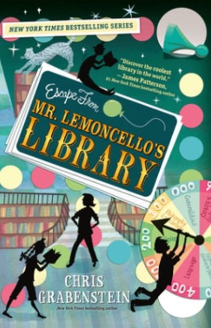 Book cover of "Escape from Mr. Lemoncello’s Library" by Chris Grabenstein, featuring silhouettes of children, books, and a game wheel against a colorful, playful background.