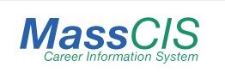 The image shows the MassCIS logo with the words "MassCIS Career Information System" in blue and green text on a white background.