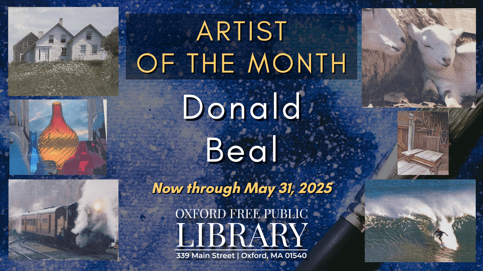 announcement poster for oxford free public library's artist of the month, donald beal, featuring art images and event details, running through may 31, 2025.