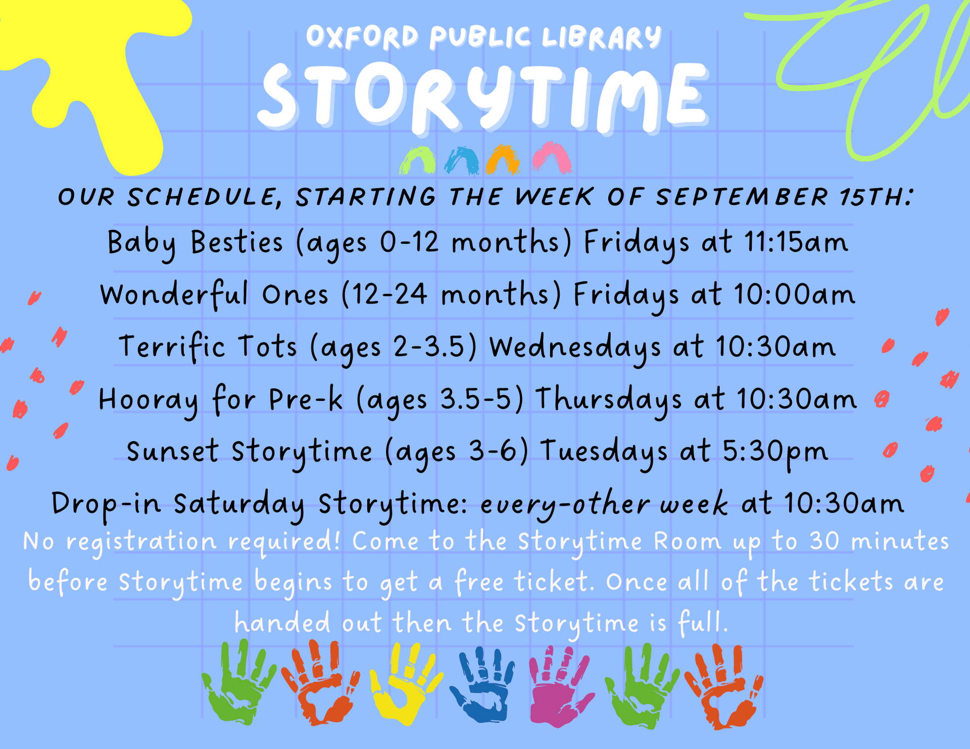 storytime schedule at oxford public library with times and age groups listed, colorful handprints, and instructions about ticketing and registration.