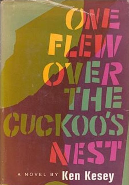 The cover of "One Flew Over the Cuckoo's Nest" by Ken Kesey, featuring the title in bold, colorful letters on a muted background.