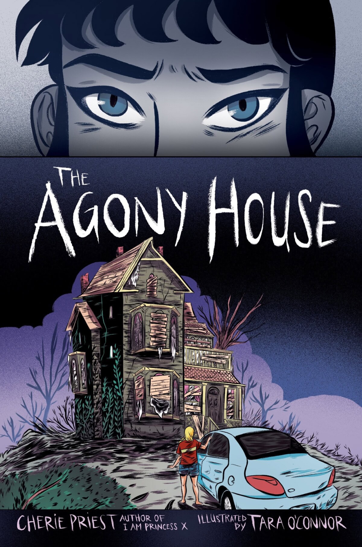 a person peers intensely from above, while below, a woman stands near a dilapidated house and a blue car; the book title reads "the agony house.