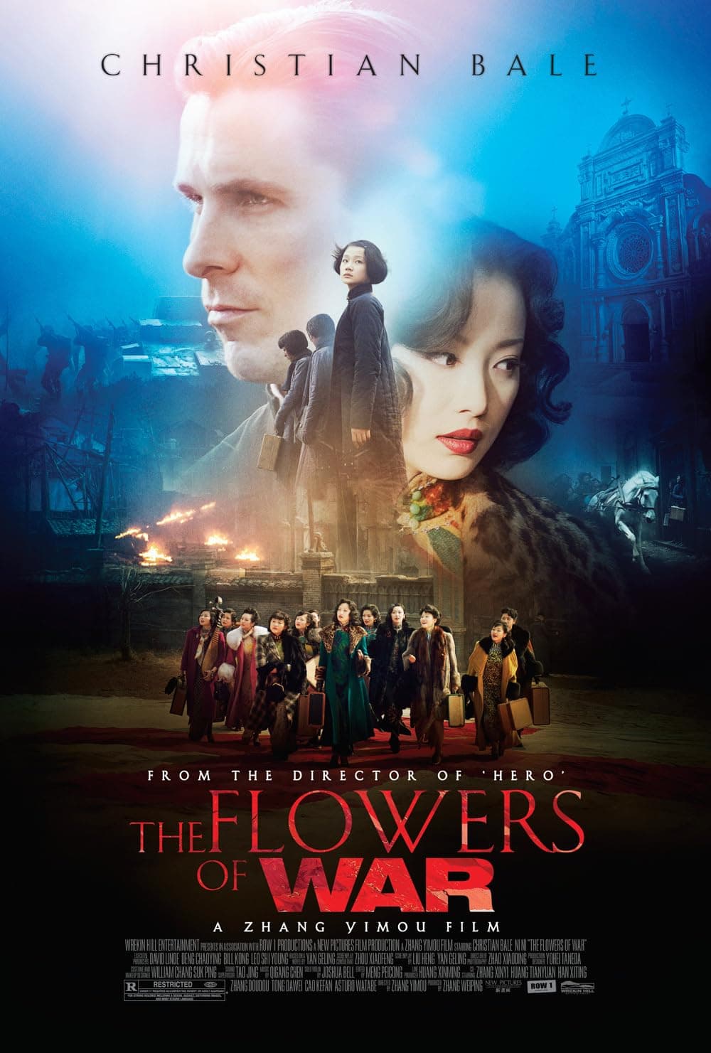 movie poster for "the flowers of war" featuring christian bale's face, two women, and a group of people walking amidst a war torn backdrop with fire and ruins.
