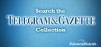 Blue banner with white text reads, "Search the Telegram & Gazette Collection." "NewsBank" logo appears in the bottom right corner.