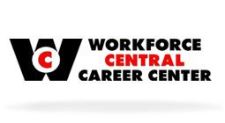 Logo for Workforce Central Career Center featuring a large black "W" with a red "C" inside, and the organization's name to the right in black and red text.
